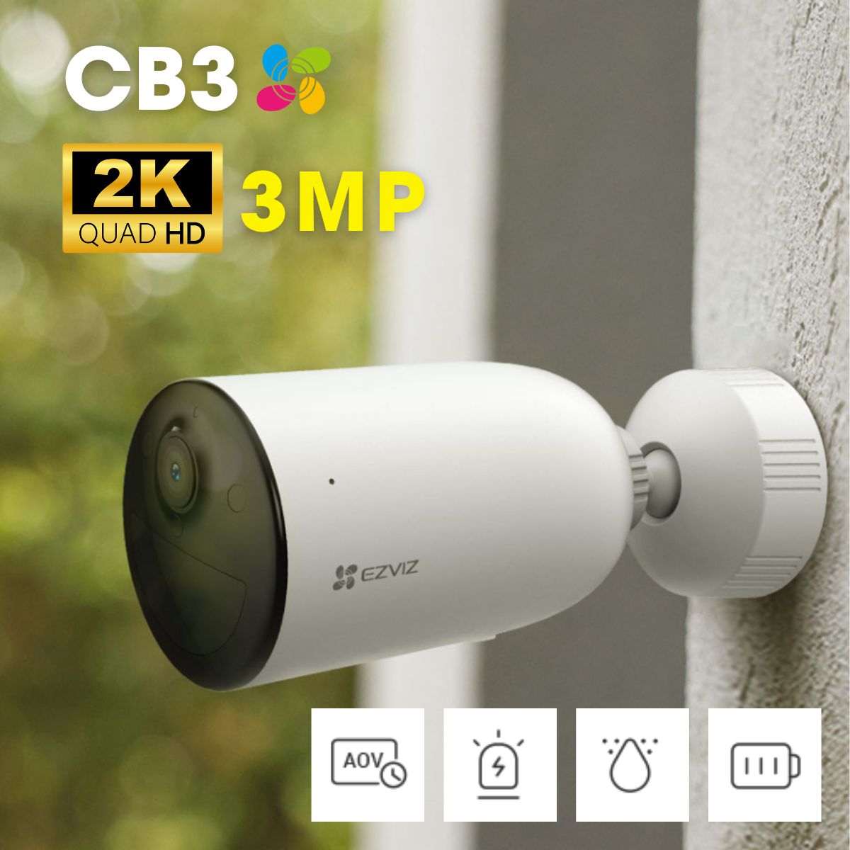 Camera sử dụng pin AOV Ezviz CB3 2K 3MP, phòng vệ chủ động, hồng ngoại 30m, dung lượng 5200mAh, IP67