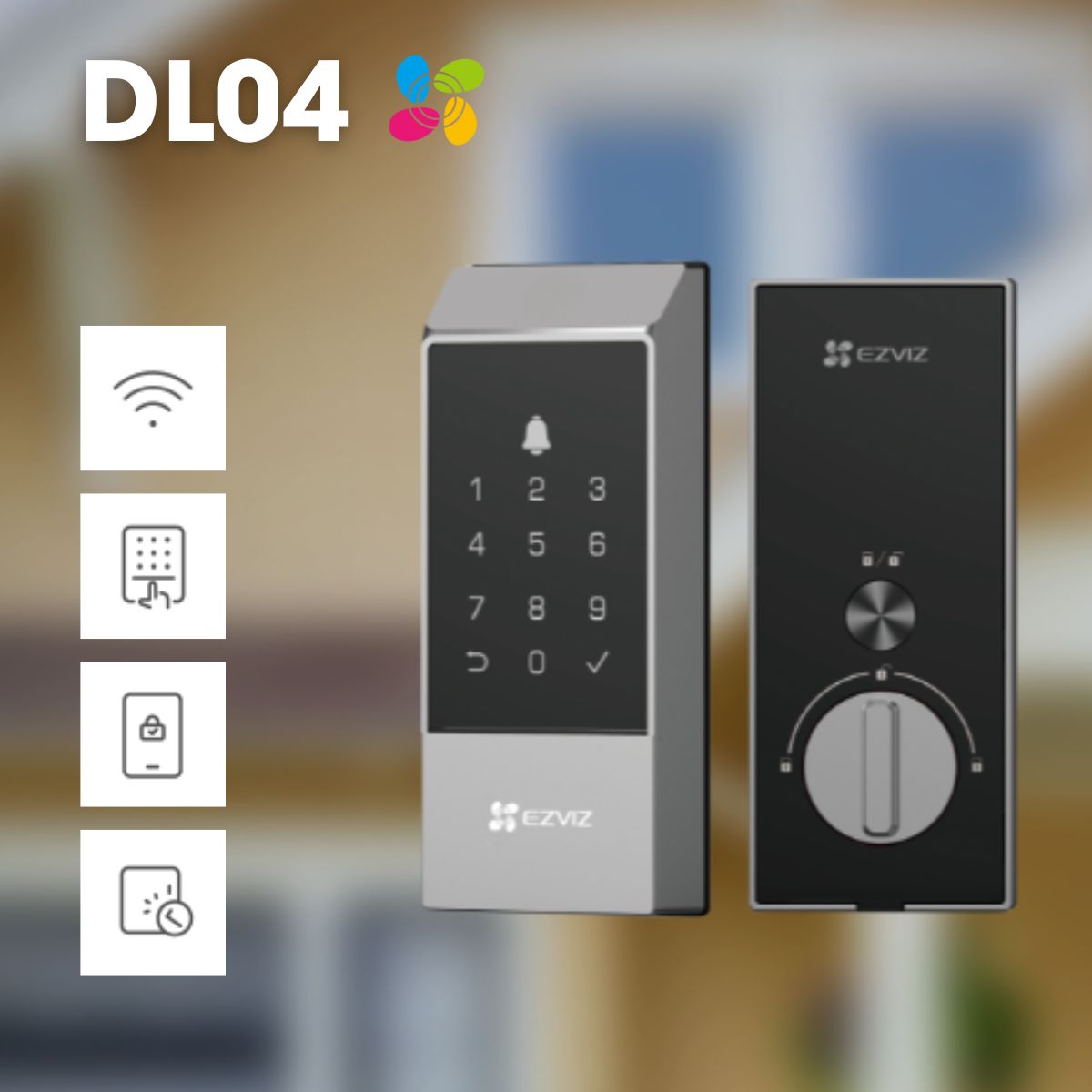 Khoá cửa Smart Lock Ezviz DL04 Wifi 2.4G, mật mã, chìa cơ, quản lý bằng app, chống nhìn trộm, còi báo động