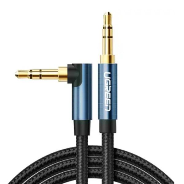 Cáp audio âm thanh AUX 3.5mm bện Nylon bẻ góc 90 độ dài 0,5M Ugreen 60178 cao cấp (Blue)