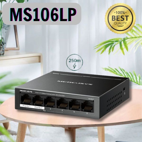 Switch Để Bàn 6 Cổng 10/100M, 4 x cổng PoE+ Mercusys MS106LP, Vỏ kim loại, 40 W PoE Nguồn