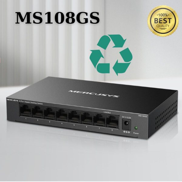 Switch để bàn 8 cổng Gigabit Mercusys MS108GS, Vỏ thép, Tiết kiệm điện năng, Thiết kế nhỏ gọn