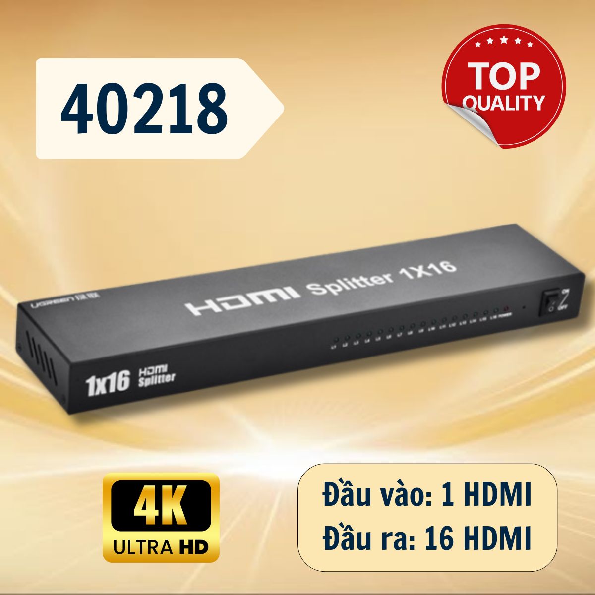 Ugreen 40218 Màu đen Bộ chia HDMI 1 ra 16, Hỗ trợ 4K@30Hz,3D, HDCP 1.4, CEC, Phân giải FULL HD 40218