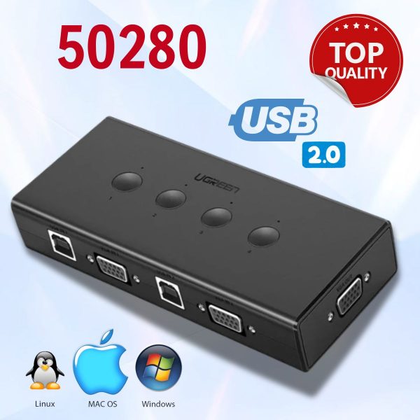 KVM Switch 4 port USB 2.0 Ugreen 50280, Thiết bị 4 máy tính dùng 1 màn hình, Hỗ trợ độ phân giải 1920x1080@60Hz