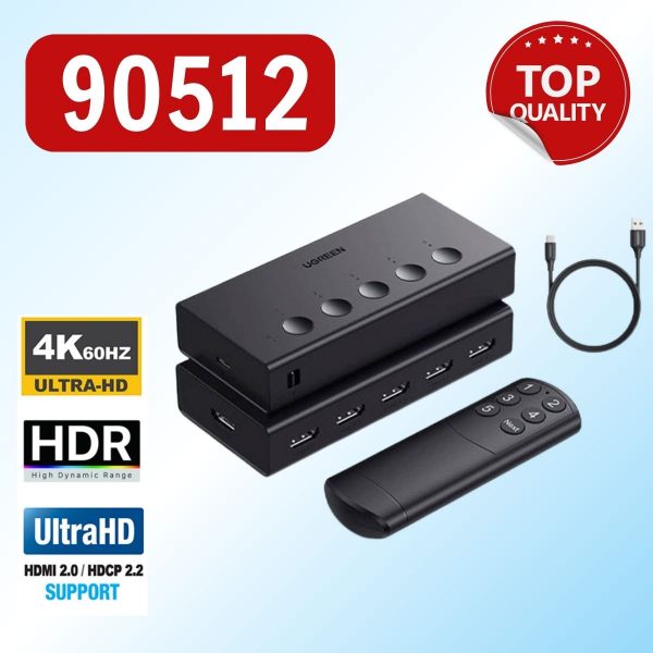 Bộ gộp HDMI Ugreen 90512 5 vào 1 ra chuẩn 2.0 Hỗ trợ 4K@60Hz 3D CEC HDR HDCP 2.2