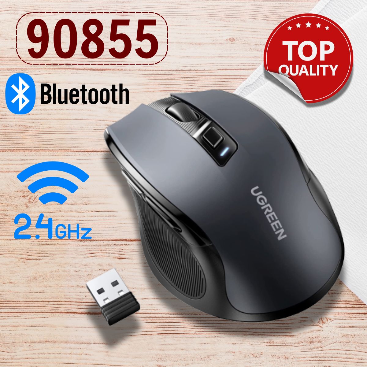 Chuột không dây công thái học Ugreen 90855 2.4Ghz & Bluetooth 5.0