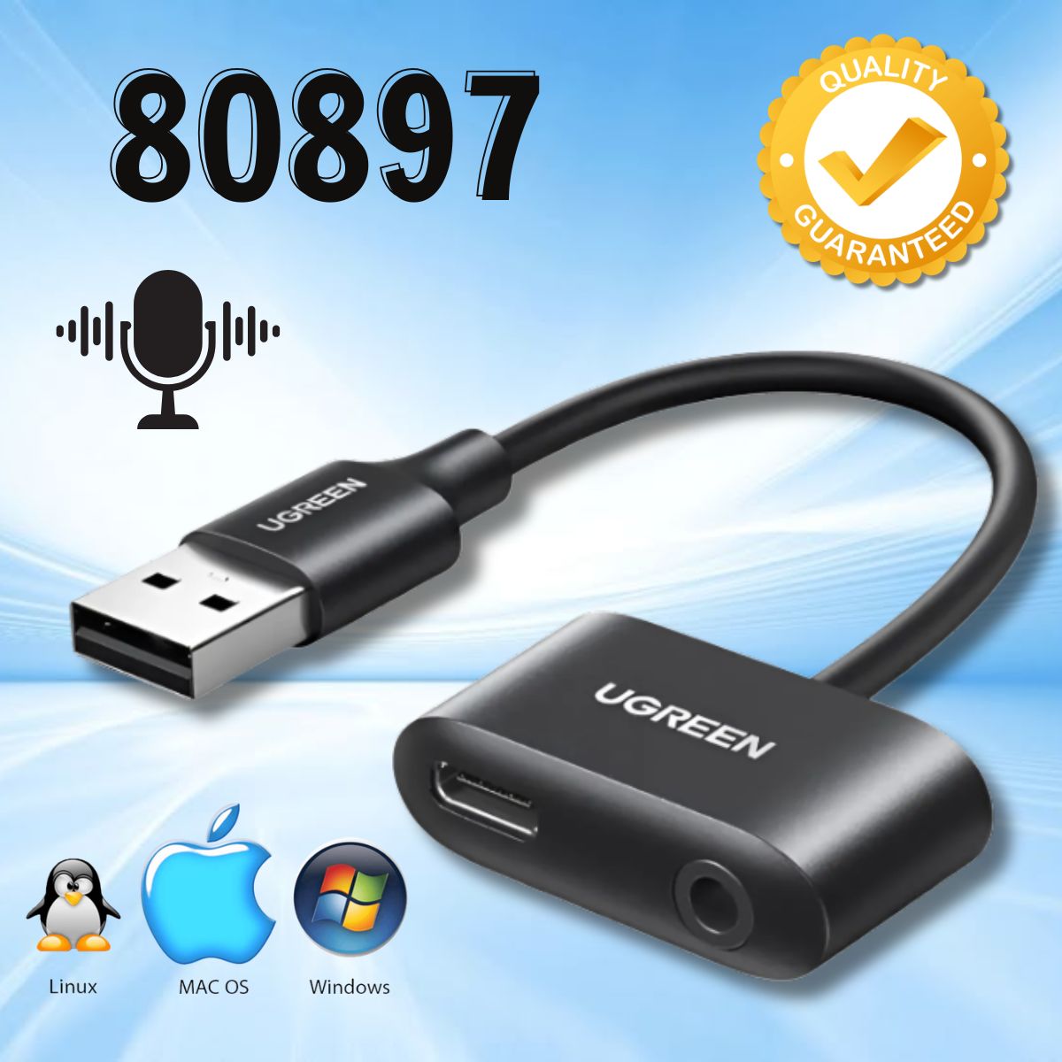 Bộ chuyển đổi âm thanh USB Ugreen 80897 USB-A sang USB-C với giắc cắm tai nghe 3,5 mm