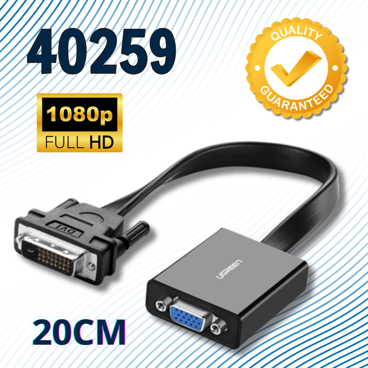 Cáp chuyển đổi DVI to VGA Ugreen 40259 hỗ trợ DVI-D 24+1, DVI-I 24+5, Độ phân giải FullHD 1920×1080@60Hz