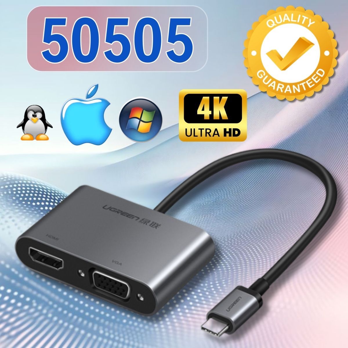 Cáp chuyển đổi USB Type-C to HDMI/VGA/Sạc PD Ugreen 50505 CM162 Hỗ trợ 4K@30Hz Vỏ nhôm