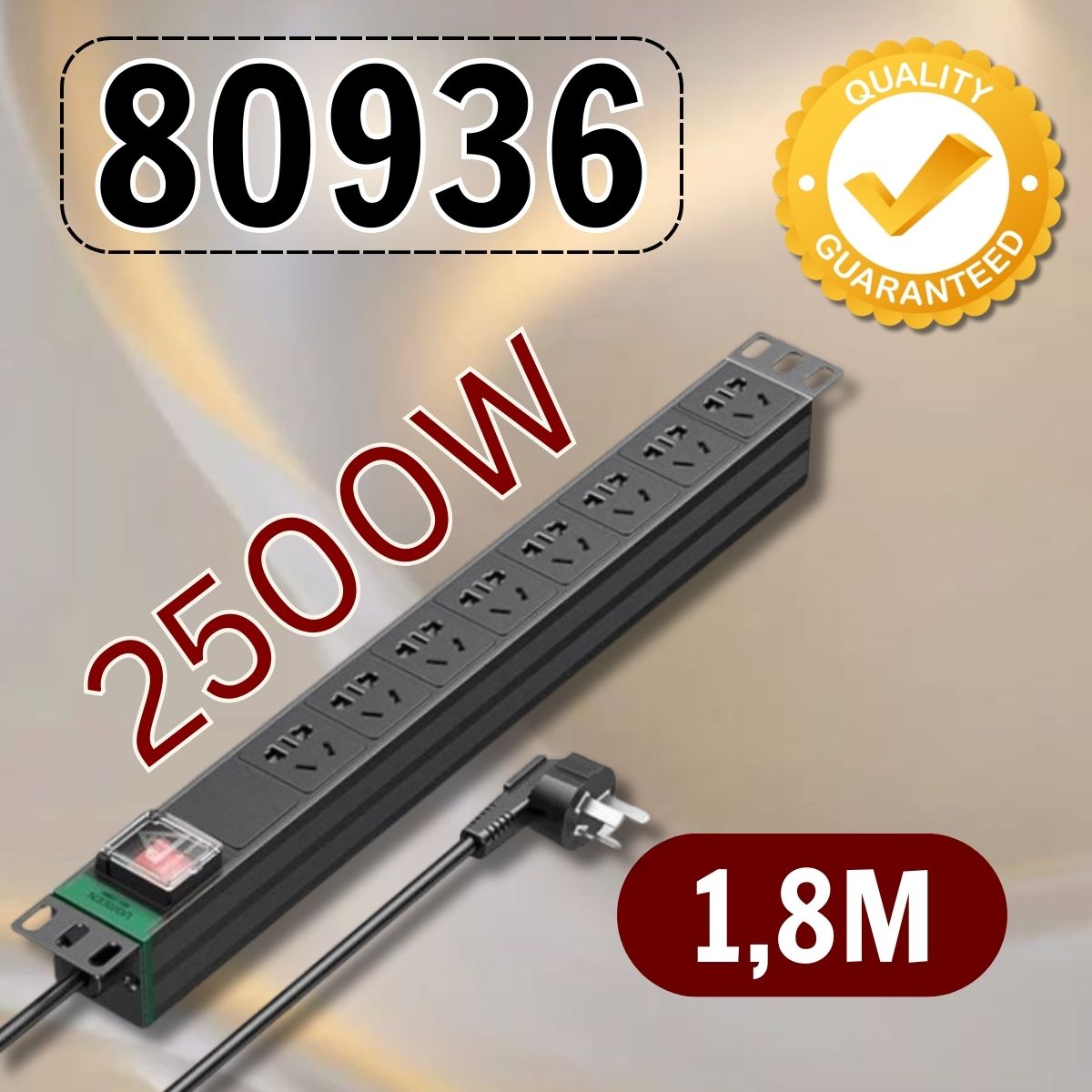 Ổ cắm điện PDU tủ rack 19" Ugreen 80936 8 chấu dài 1.8M 10A 2500W, SPD chống sét