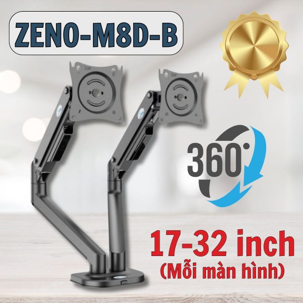 Arm giá treo màn hình đôi ZENO-M8D-B Hỗ trợ 2 màn hình 17-32 inch, Góc nghiêng ±70°, xoay 360°, Điều chỉnh độ cao linh hoạt 132-409mm