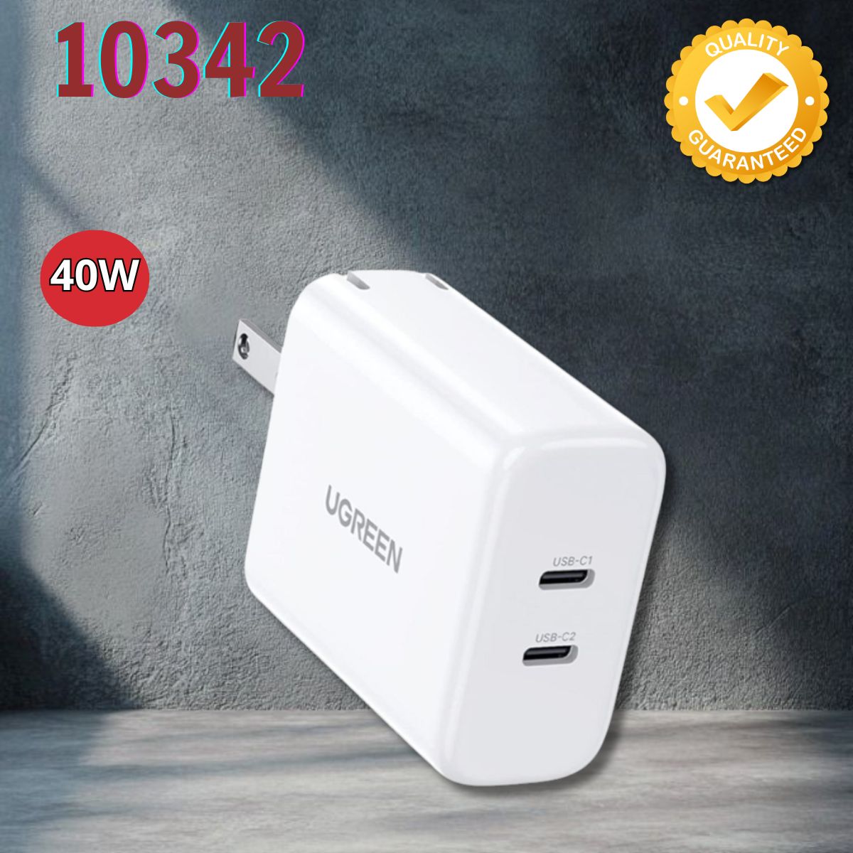 Bộ sạc 2 cổng Type C 40W Ugreen 10342 Màu trắng chuẩn cắm US