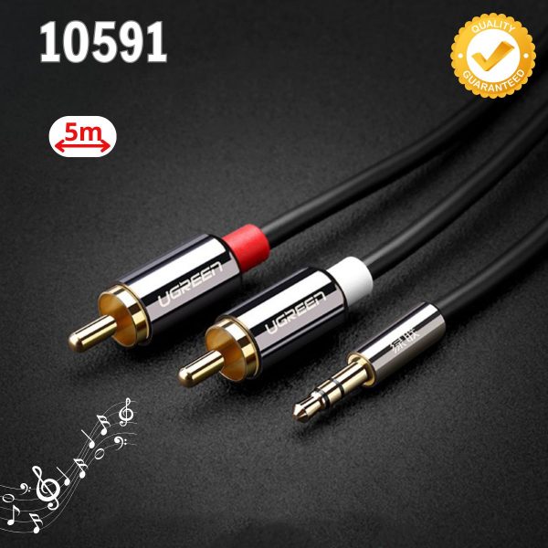 Cáp Audio 3,5mm ra 2 đầu RCA dài 5m Ugreen 10591 Mạ vàng 24K đúc hợp kim