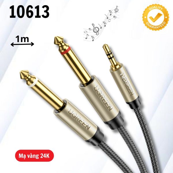 Cáp Audio 3.5mm to 2 đầu 6.35mm dài 1m Ugreen 10613 Dây dẫn đồng nguyên chất, Màu xám