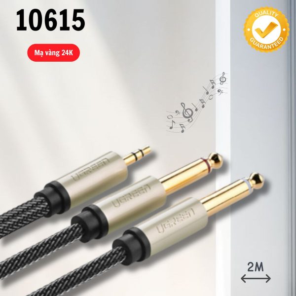 Cáp Audio 3.5mm ra 2 đầu 6.5mm Ugreen 10615 dài 2m màu xám Lõi đồng nguyên chất