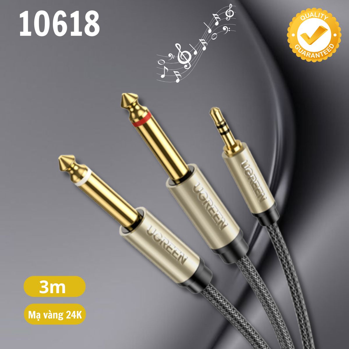 Cáp Audio 3.5mm ra 2 đầu 6.5mm Ugreen 10618 dài 3m Mạ vàng 24K