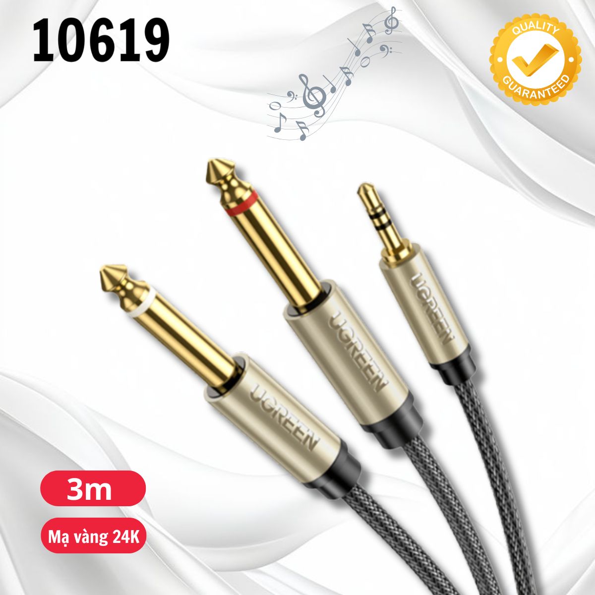 Cáp Audio 3.5mm ra 2 đầu 6.5mm Ugreen 10619 dài 5m Kháng tiếng ồn, chống nhiễu