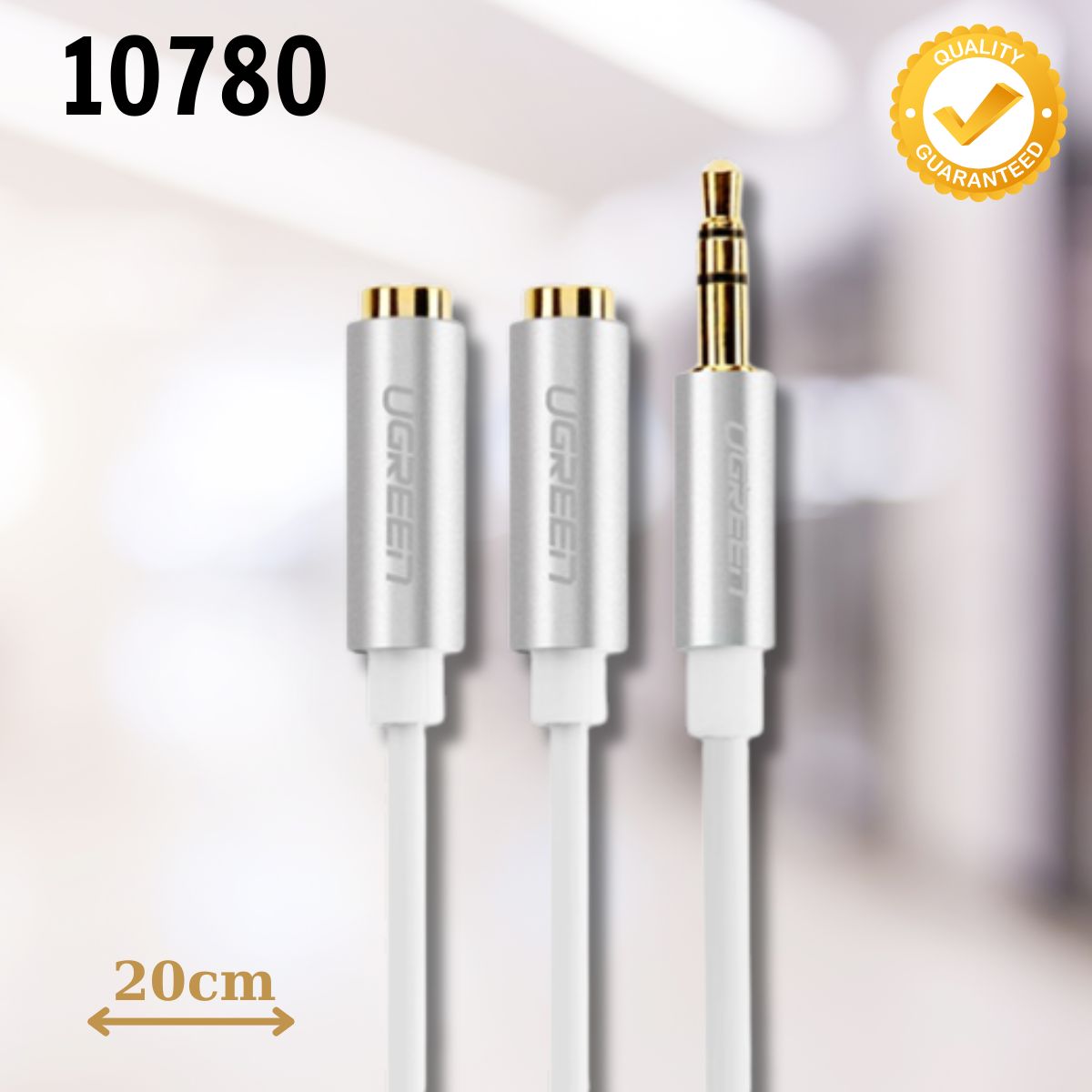 Cáp chia âm thanh 3.5Mm 1 đầu đực ra 2 đầu cái Ugreen 10780 20cm màu trắng, Chất lượng âm thanh ổn định