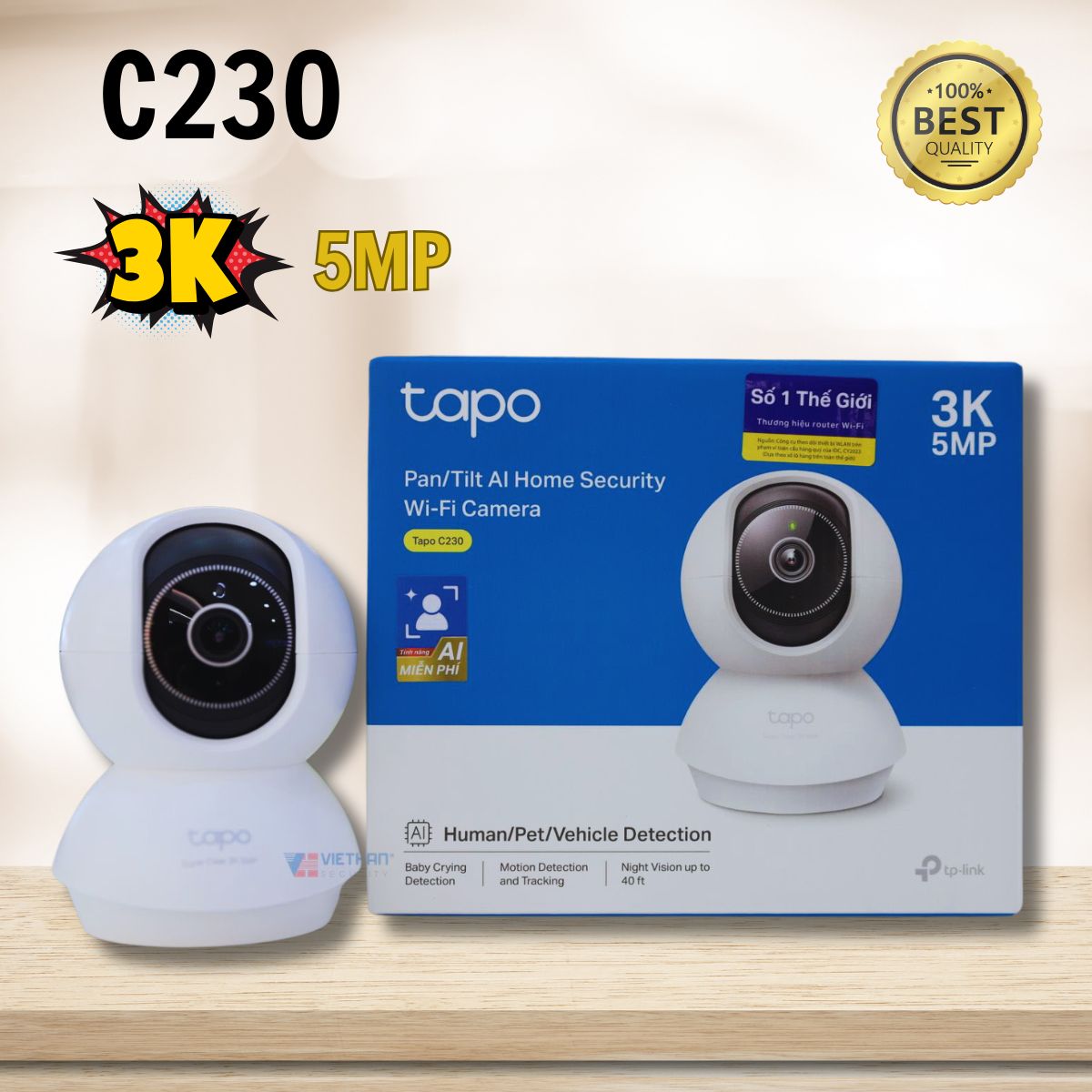 Camera TP-Link Tapo C230 3K 5MP phát hiện người, thú cưng, xe cộ, tiếng em bé khóc, Quay 360 độ, Đàm thoại 2 chiều
