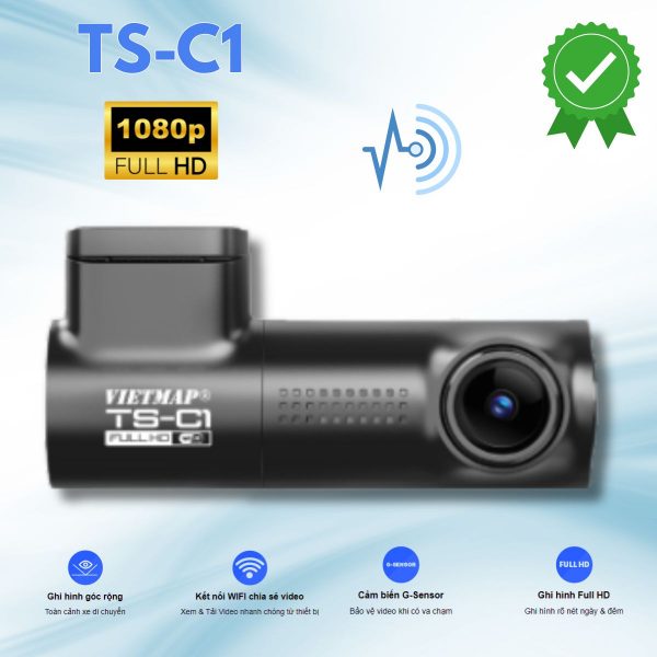 Camera hành trình VietMap TS-C1, Ghi hình Full HD 1080P, Ống kính 150 độ, Cảm biến G-Sensor