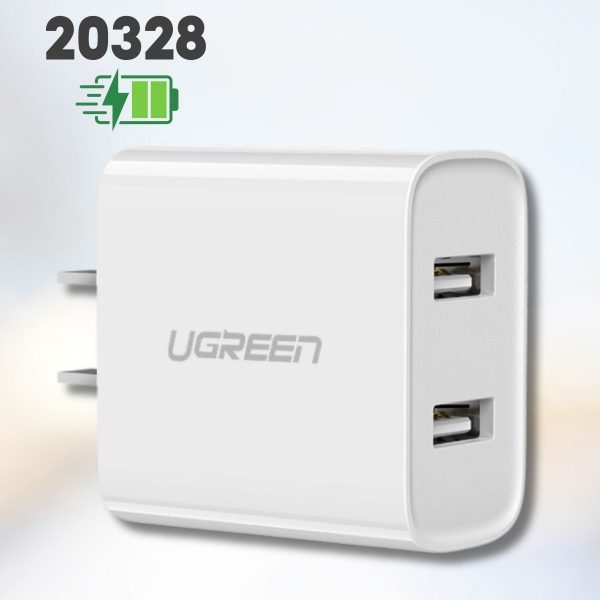 Bộ sạc nhanh 2 cổng USB 5V/2.4A + 1A CD104 Ugreen 20328 Màu trắng, Sạc đồng thời 2 thiết bị, Tự  ngắt khi sạc đầy