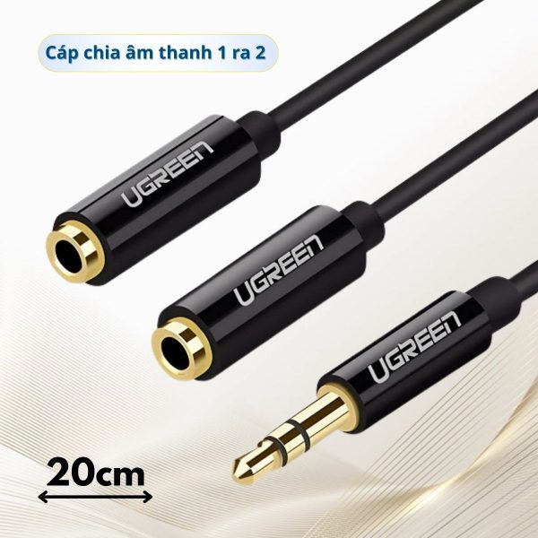 Cáp chia âm thanh từ 1 ra 2 cổng âm thanh 3.5mm Ugreen 20816 dài 20cm, đầu nối mạ vàng 24K