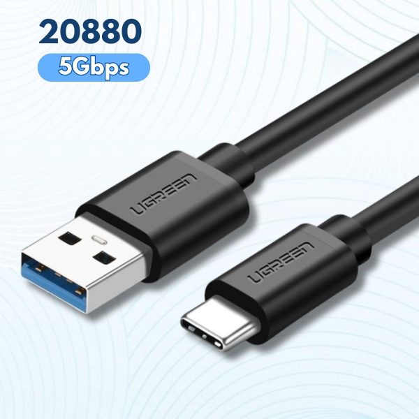 Dây USB 3.0 sang USB-C Ugreen 20880 US184 dài 0,25m màu đen, Công nghệ Quick Charge 3.0 sạc nhanh, Tốc độ  5Gbps, đầu mạ vàng 24K
