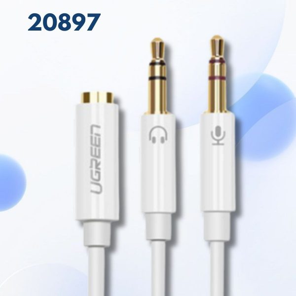 Dây chuyển âm thanh 3.5mm âm sang Jack Mic + Loa dương AV140 Ugreen 20897 20CM màu Trắng, Nhựa ABS