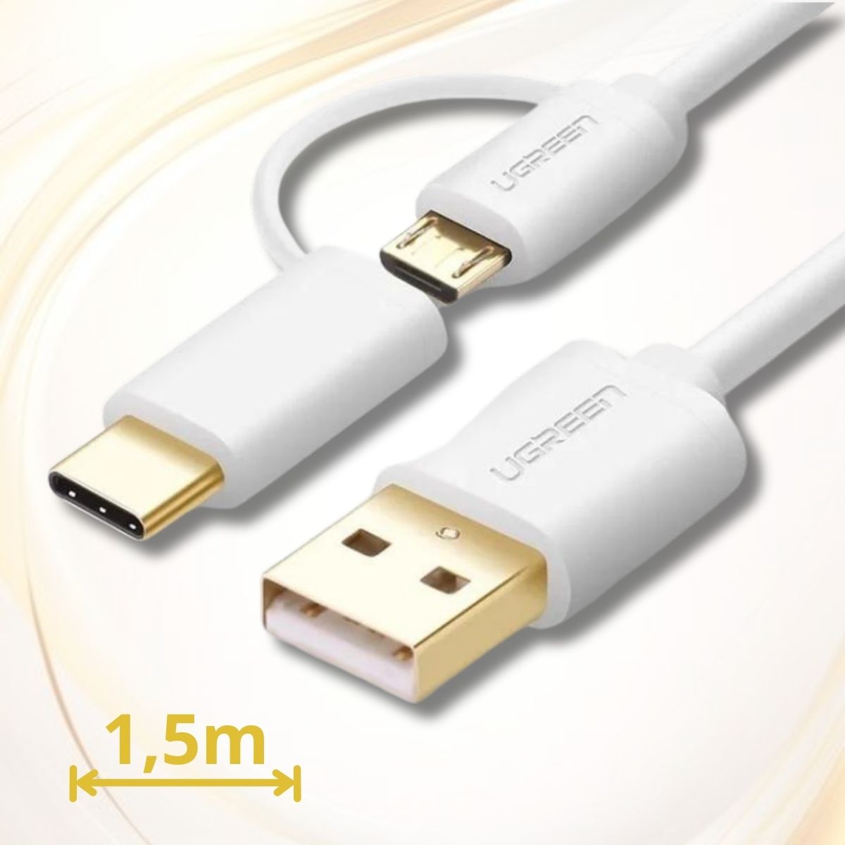 Cáp USB-A sang Micro USB + USB-C 1,5m Ugreen 30380 màu trắng, Sạc, truyền dữ liệu nhanh chóng