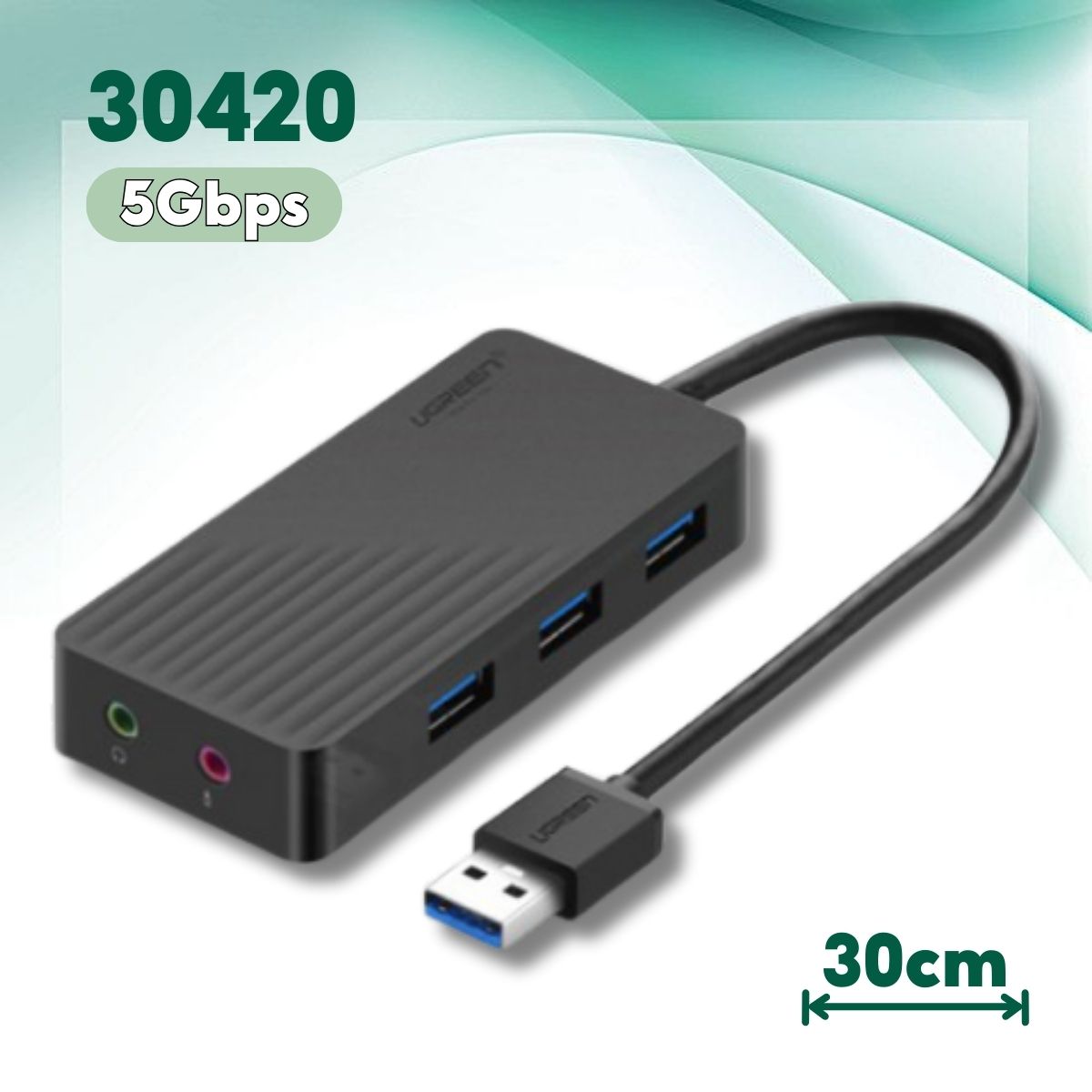 Bộ Chia Cổng USB 3.0 Hỗ trợ Audio và Microphone Ugreen 30420 dài 30cm, Tốc độ 5 Gbps, Nhỏ gọn dễ mang theo