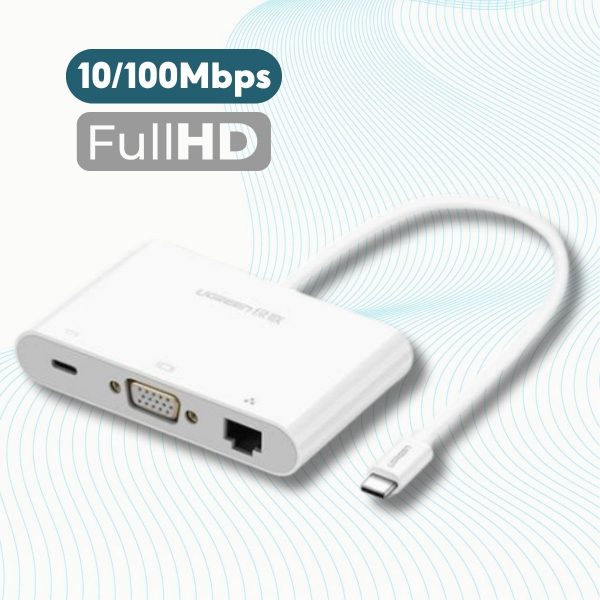 Bộ chuyển đổi Type C sang USB 3.0 + USB 2.0 + VGA + LAN + hỗ trợ nguồn Type C Ugreen 30439 US182, 10/100Mbps, Full HD sắc nét