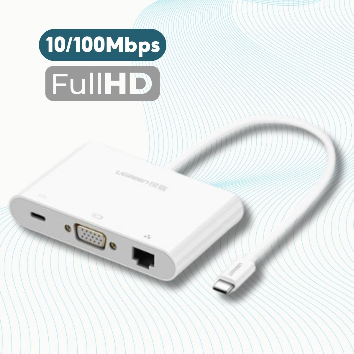 Bộ chuyển đổi Type C sang USB 3.0 + USB 2.0 + VGA + LAN + hỗ trợ nguồn Type C Ugreen 30439 US182, 10/100Mbps, Full HD sắc nét
