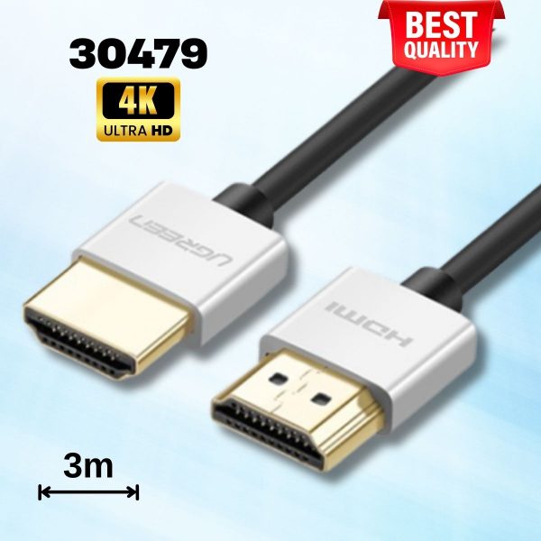 Cáp HDMI 2.0 siêu mỏng Ugreen 30479 dài 3M, Màu bạc, Hỗ trợ 4K, 3D cao cấp