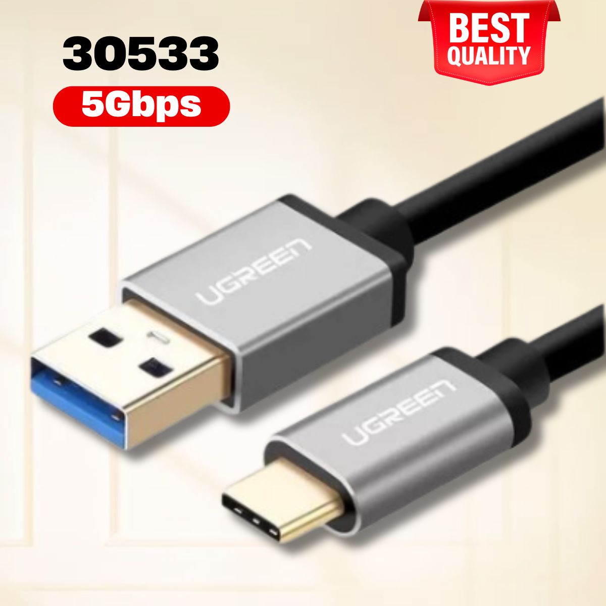 Cáp dữ liệu USB Type-C sang USB 3.0 Ugreen 30533 Dài 1m, Màu đen, Tốc độ 5Gbps.