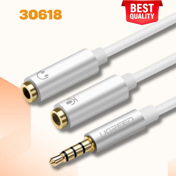 Dây chuyển âm thanh 3.5mm dương sang Jack Mic + Loa âm Ugreen 30618 AV141 dài 20cm, màu trắng, Lõi đồng nguyên chất