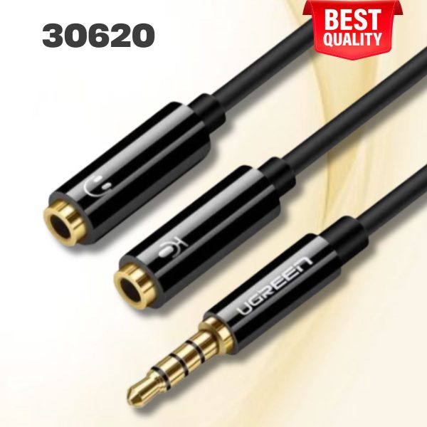 Cáp chia Audio 3.5mm ra 2 đầu 3.5mm Loa và Mic Ugreen 30620 20cm, Màu đen cao cấp