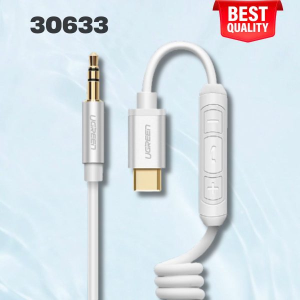 Dây USB Type-C sang 3.5mm Ugreen 30633 AV143 1m dạng xoắn, màu trắng, Đầu nối hợp kim
