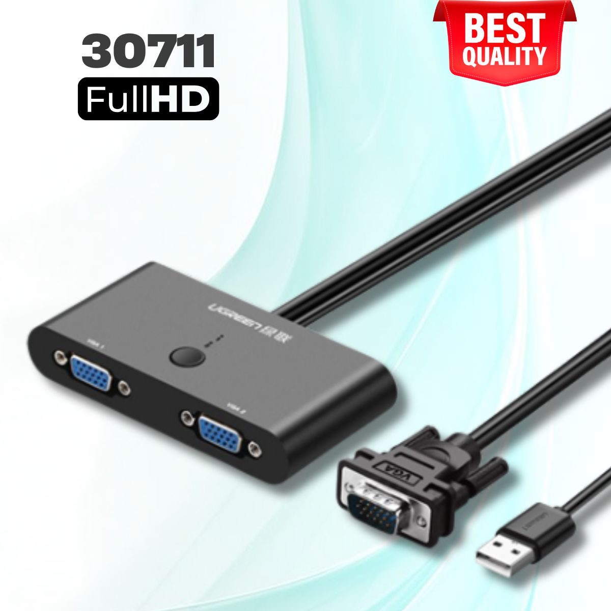 Bộ Chuyển Mạch VGA 2 cổng Ugreen 30711 MM126 dài 1m màu đen, Hỗ trợ Full HD, 1920 x 1080p 60 Hz