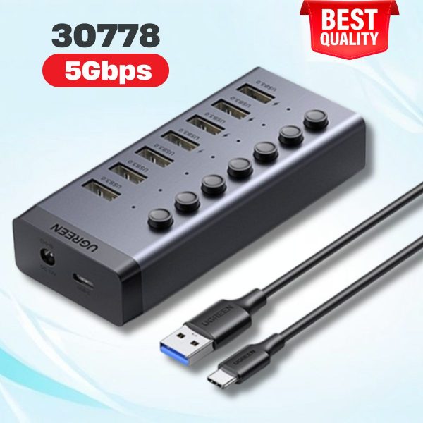 Bộ HUB chia 7 cổng USB 3.0 Ugreen 30778 5Gbps vỏ nhôm, Công tắc, Kèm nguồn 12V2A