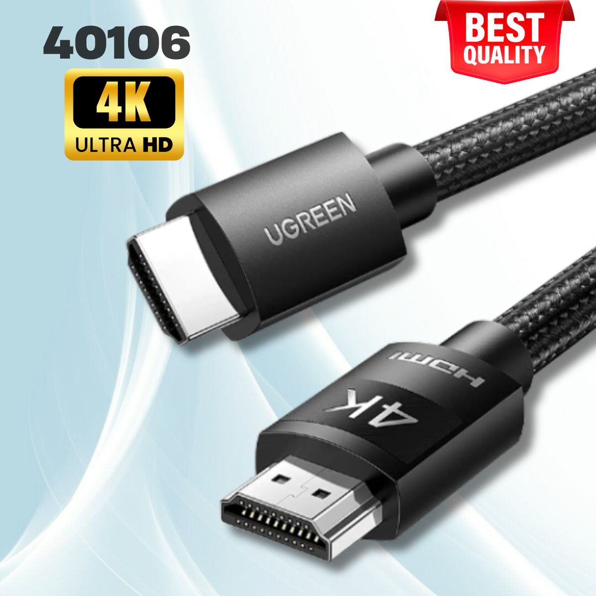 Cáp HDMI 1.4 dài 20M Ugreen 40106 bọc nylon, Hỗ trợ độ phân giải 4K@30Hz, Có IC khuếch đại