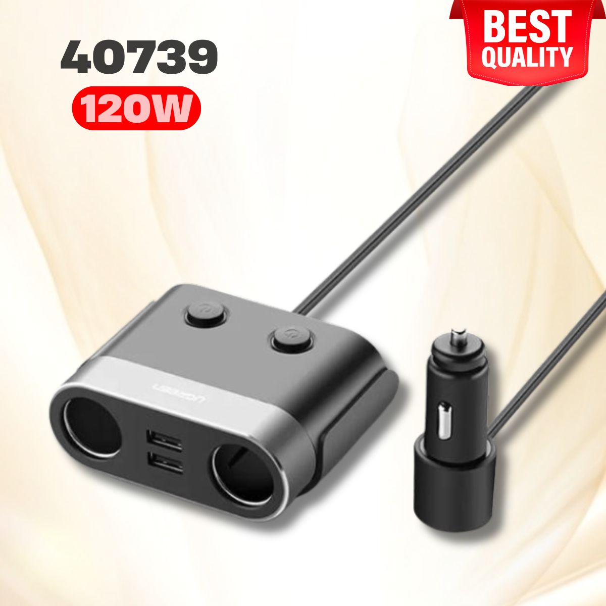 Bộ mở rộng 3 cổng sạc trên xe hơi + 2 cổng sạc USB Ugreen 40739 CD168 màu đen, 120W