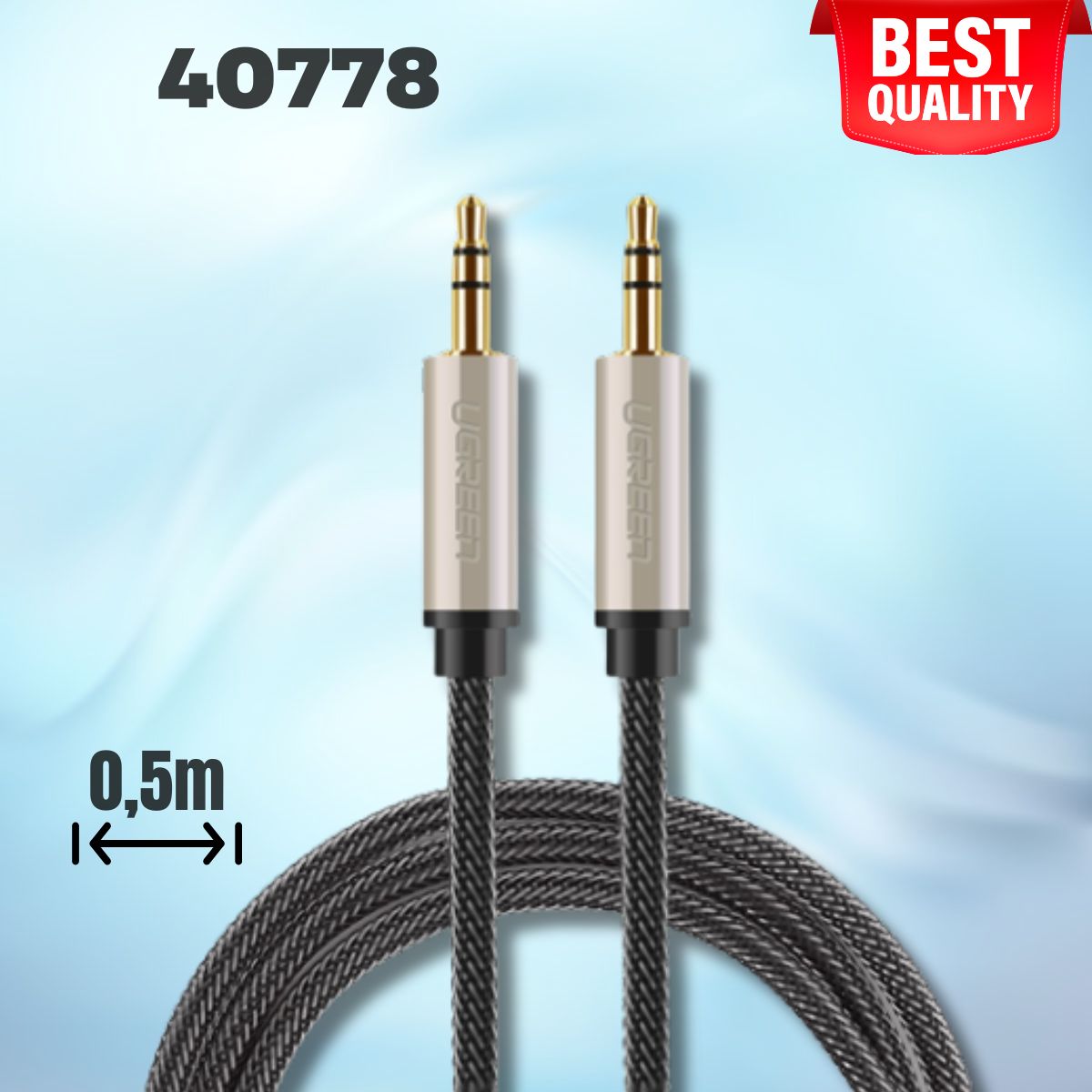 Cáp Audio AUX 3,5mm Ugreen 40778 dài 0,5m, Màu đen, Đầu bọc kim loại chống nhiễu