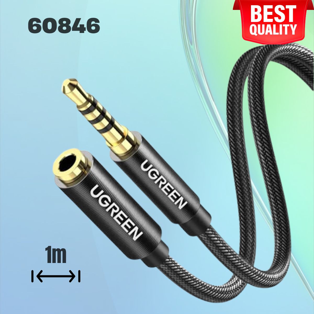 Cáp Audio 3.5mm 3 nấc nối dài 1M Ugreen 60846, Màu đen, Hỗ trợ mic và tai nghe
