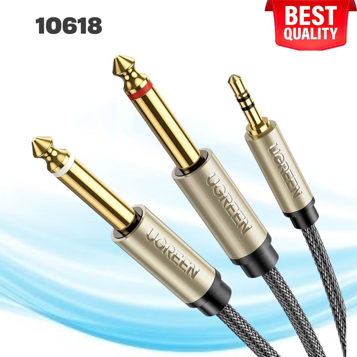 Cáp Audio 3,5mm to 2 đầu 6,5mm Ugreen 10618 dài 3m, Đầu nối mạ vàng cao cấp