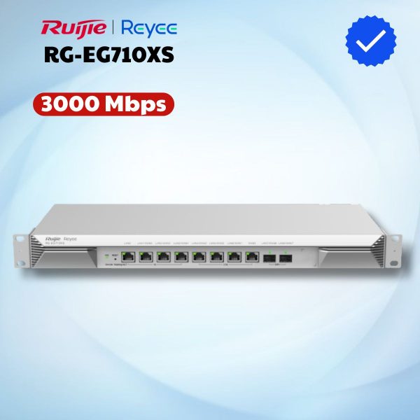 Router cân bằng tải Ruijie Reyee RG-EG710XS 10 cổng cho tối đa 700 máy khách, Tốc độ 3000 Mbps, 100-240V AC, 50/60 Hz.