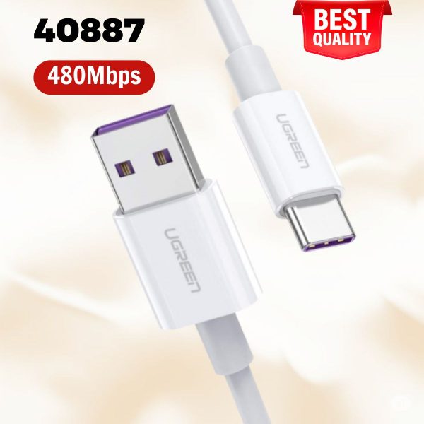 Cáp USB sang USB Type-C vỏ ABS Ugreen 40887 dài 0.5m 5A, Màu trắng, Tốc độ 480Mbps