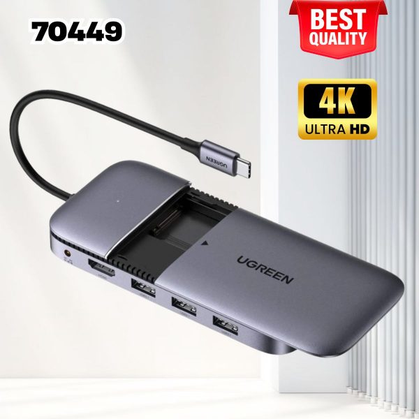 Bộ chuyển đội USB Type-C 7 in 1 Ugreen 70449 HDMI 4K + USB 3.1 Gen 2 + PD + DC 5V/ 2A + M.2 SATA, Dài 15cm
