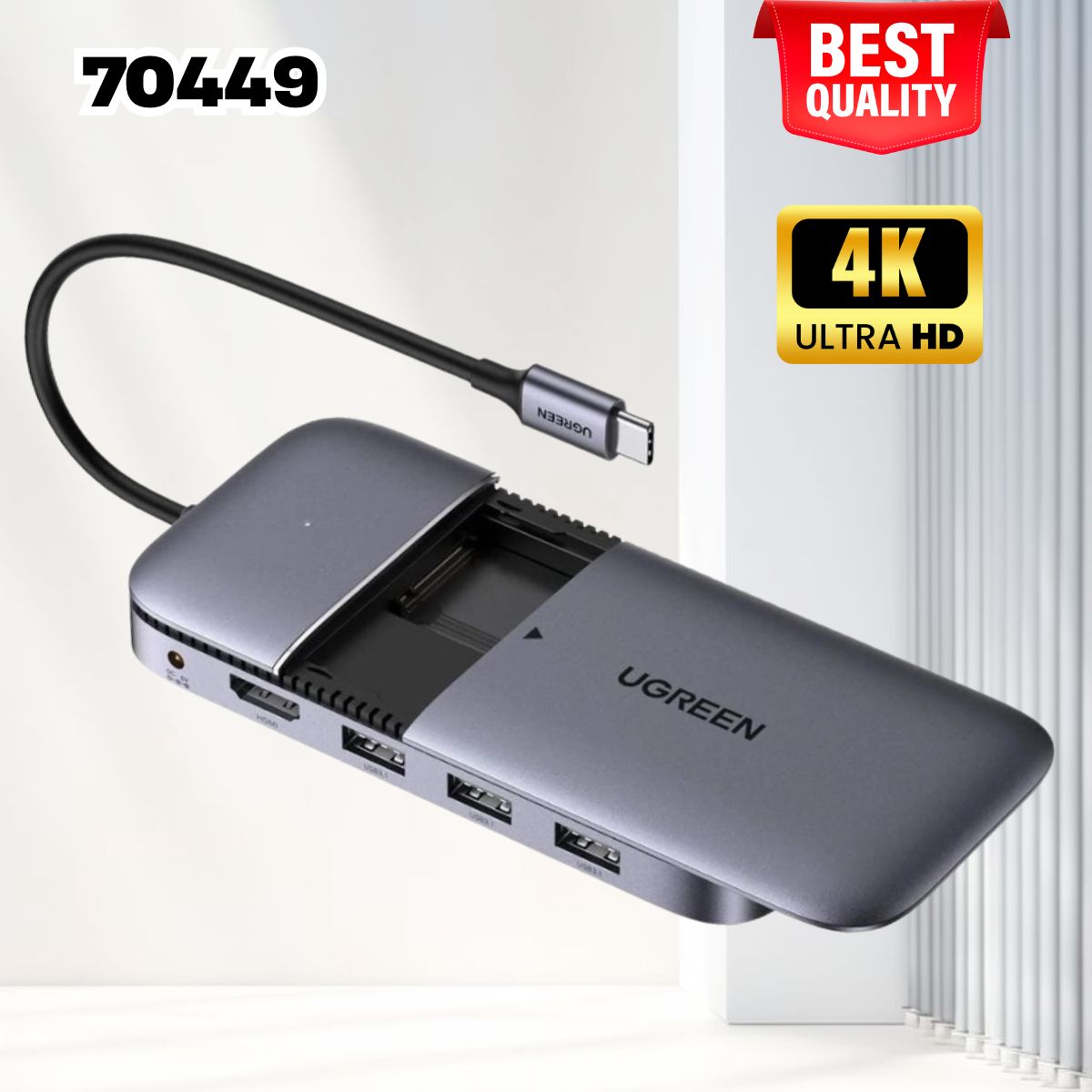 Bộ chuyển đội USB Type-C 7 in 1 Ugreen 70449 HDMI 4K + USB 3.1 Gen 2 + PD + DC 5V/ 2A + M.2 SATA, Dài 15cm