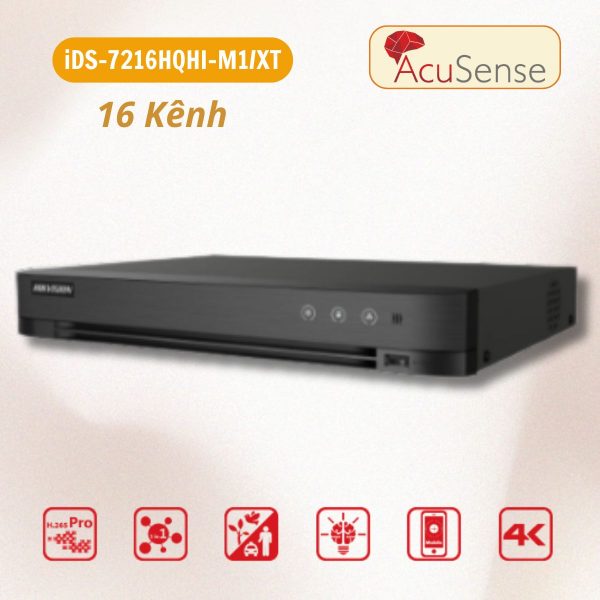 Đầu ghi hình 16 kênh Hikvision iDS-7216HQHI-M1/XT AcuSense, Hỗ trợ 4 kênh cảnh báo so sánh khuôn mặt, 1 sata HDD.