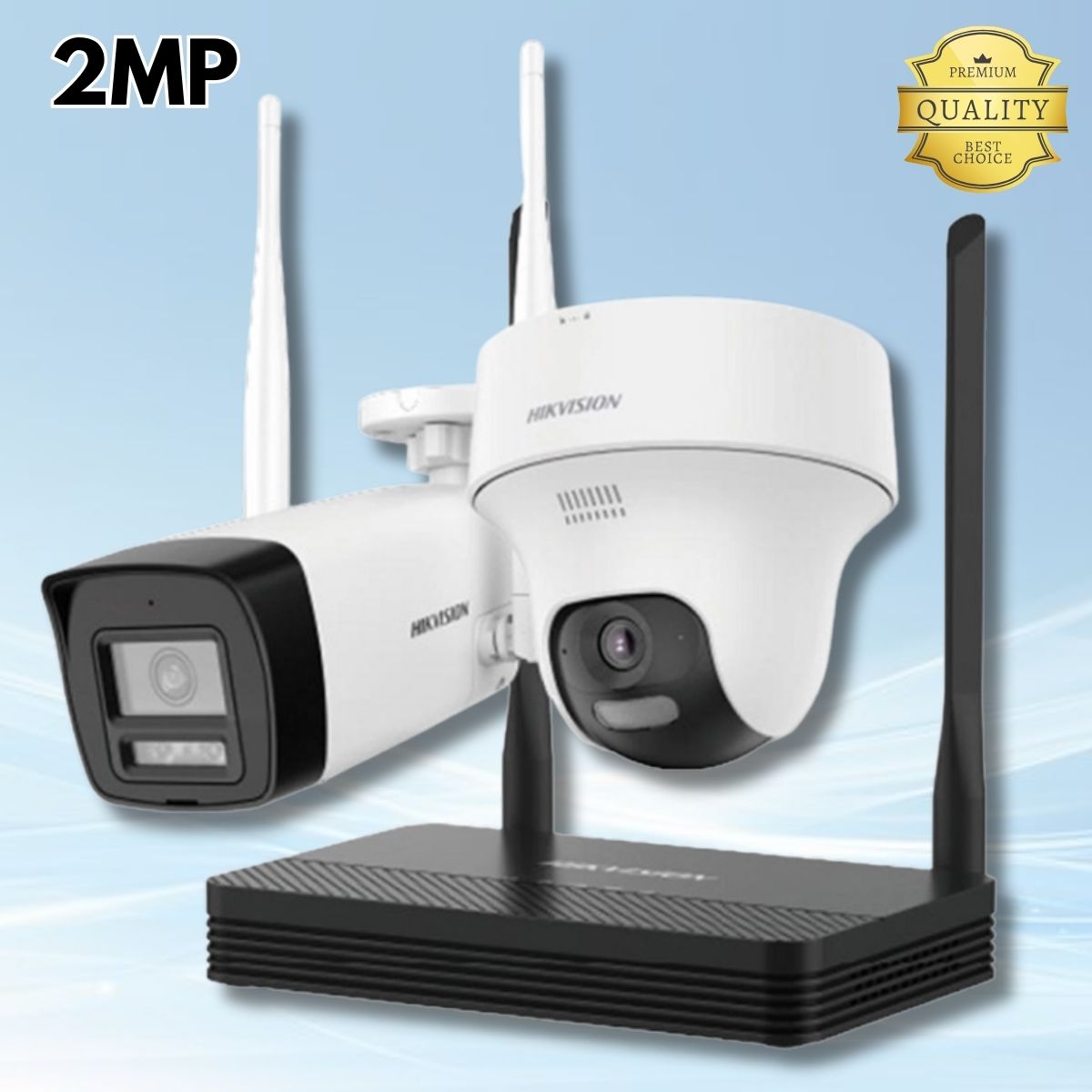 Combo 2 Camera WiFi 2Mp (1 thân + 1 Camera PT indoor) Hikvision DS-J142I/NKS422W02H một đầu thu mini SD card Wifi 6, Phát hiện người & xe