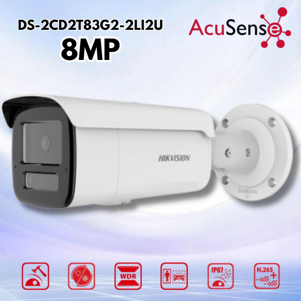 Camera Hikvision DS-2CD2T83G2-2LI2U 8MP, Nhận diện người/xe, Mic kép, IP67, IK10